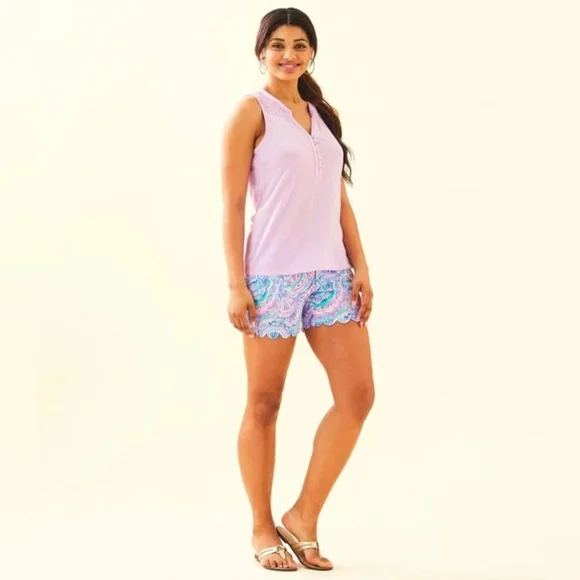 Lilly Pulitzer Essie Tank Top Lilac Freesi Purple & Gold Button - Picture 3 of 6